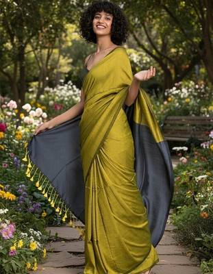 Yellow & steel fancy cotton handloom saree with blouse piece for women 2