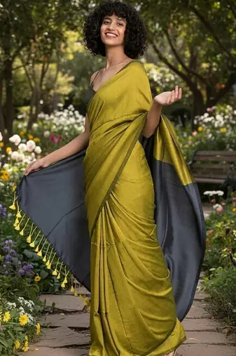 Yellow & steel fancy cotton handloom saree with blouse piece for women