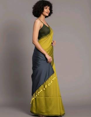 Yellow & steel fancy cotton handloom saree with blouse piece for women 3