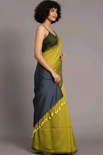 Yellow & steel fancy cotton handloom saree with blouse piece for women