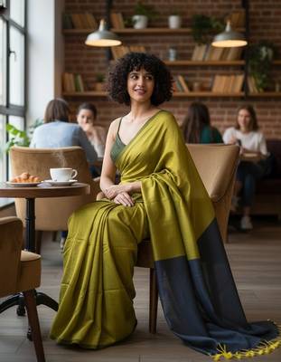 Yellow & steel fancy cotton handloom saree with blouse piece for women 4