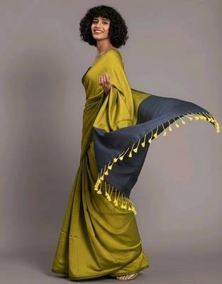 Yellow & steel fancy cotton handloom saree with blouse piece for women 5