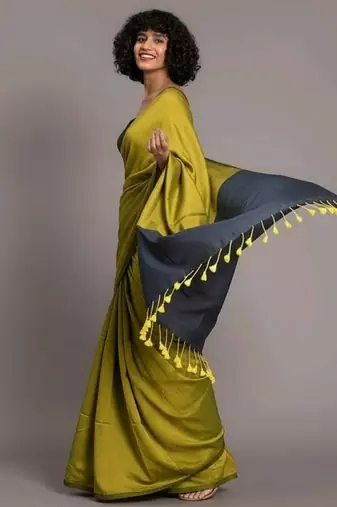 Yellow & steel fancy cotton handloom saree with blouse piece for women