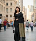 Black fancy cotton handloom saree with blouse piece for women