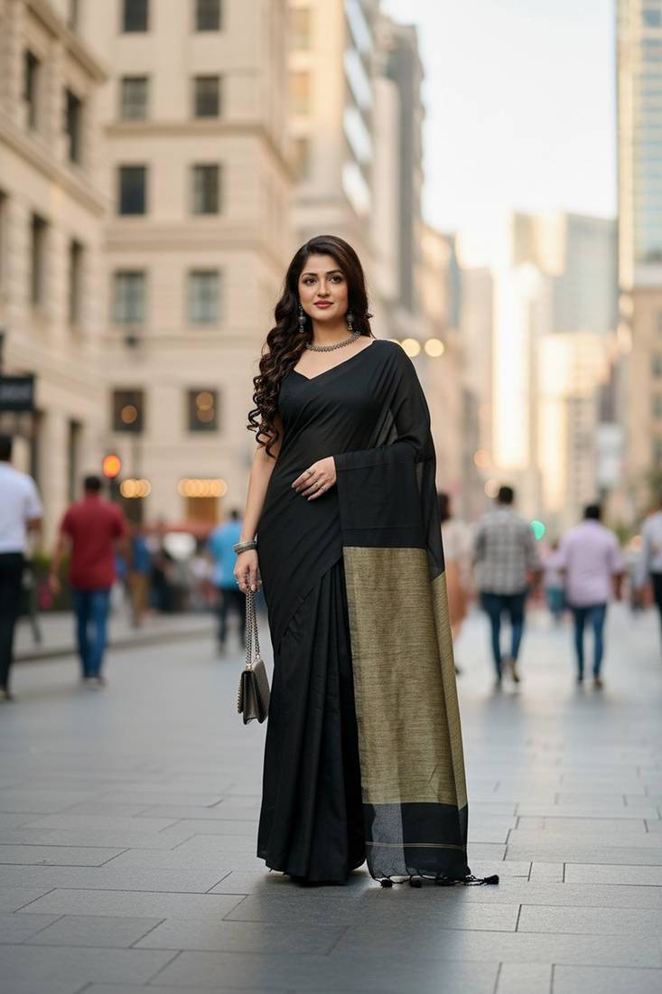 Black fancy cotton handloom saree with blouse piece for women