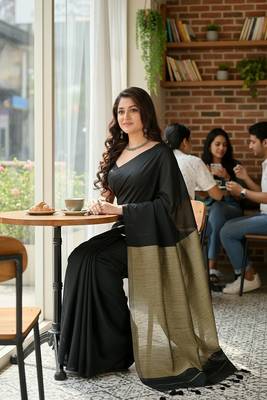 Black fancy cotton handloom saree with blouse piece for women 2