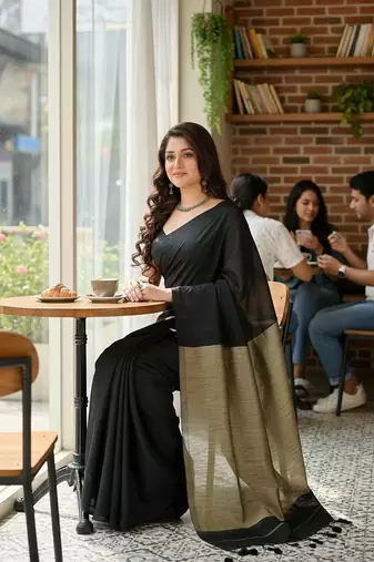 Black fancy cotton handloom saree with blouse piece for women