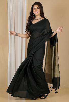 Black fancy cotton handloom saree with blouse piece for women 3