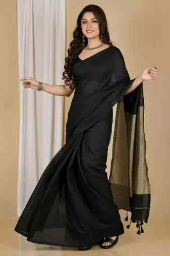 Black fancy cotton handloom saree with blouse piece for women