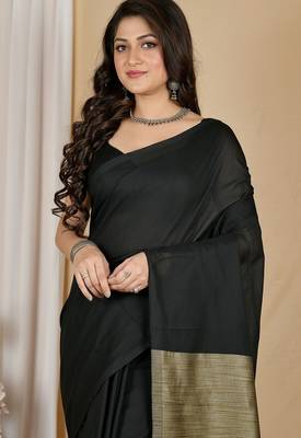 Black fancy cotton handloom saree with blouse piece for women 4