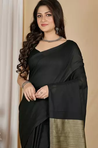 Black fancy cotton handloom saree with blouse piece for women