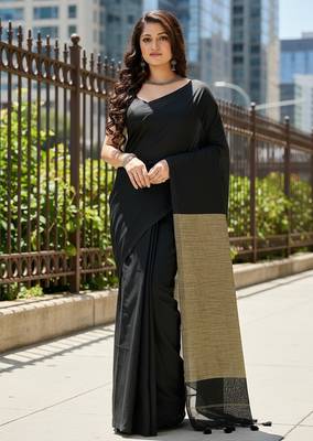 Black fancy cotton handloom saree with blouse piece for women 5