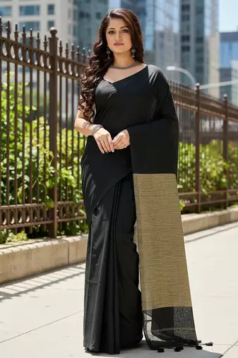 Black fancy cotton handloom saree with blouse piece for women
