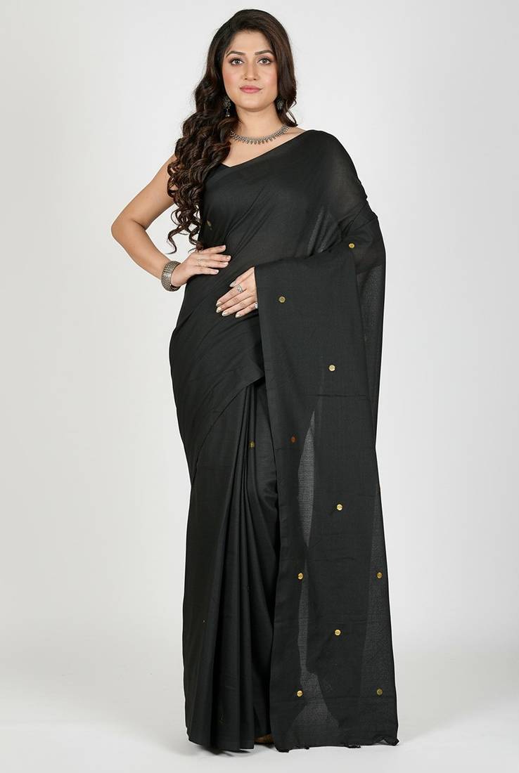 Black fancy cotton handloom saree with blouse piece for women