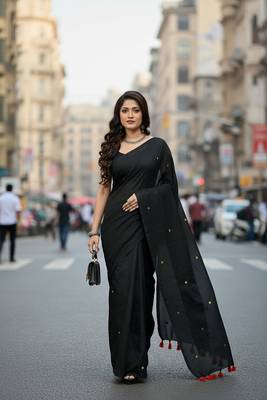 Black fancy cotton handloom saree with blouse piece for women 2