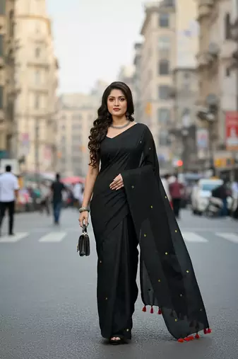 Black fancy cotton handloom saree with blouse piece for women