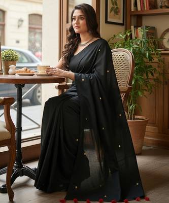 Black fancy cotton handloom saree with blouse piece for women 3