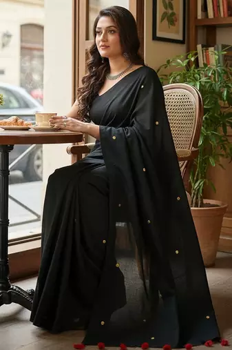 Black fancy cotton handloom saree with blouse piece for women