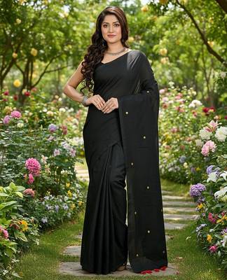 Black fancy cotton handloom saree with blouse piece for women 4
