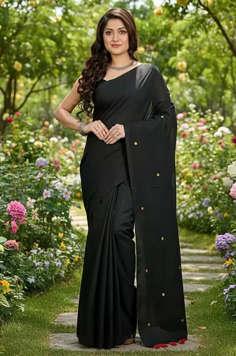 Black fancy cotton handloom saree with blouse piece for women