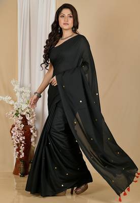 Black fancy cotton handloom saree with blouse piece for women 5