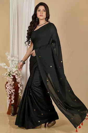 Black fancy cotton handloom saree with blouse piece for women