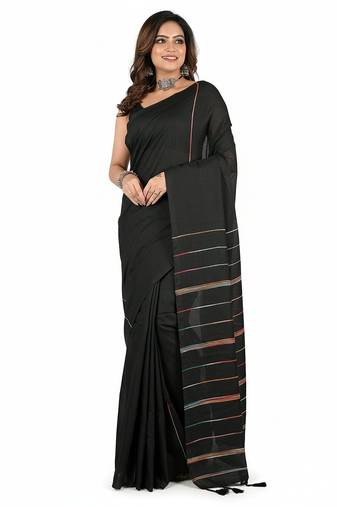 Black fancy cotton handloom saree with blouse piece for women