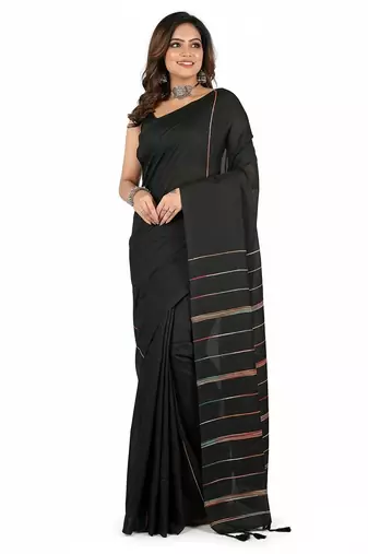 Black fancy cotton handloom saree with blouse piece for women