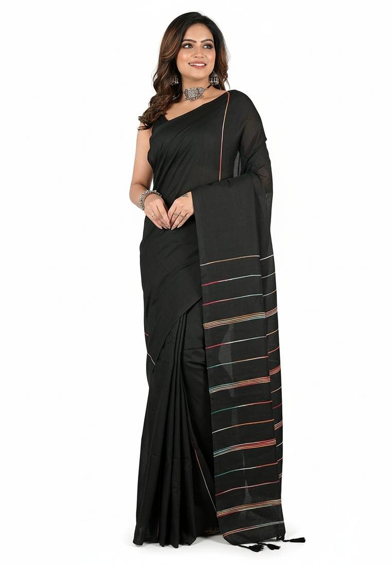 Black fancy cotton handloom saree with blouse piece for women