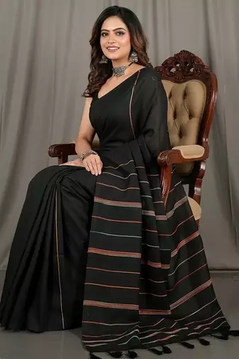 Black fancy cotton handloom saree with blouse piece for women