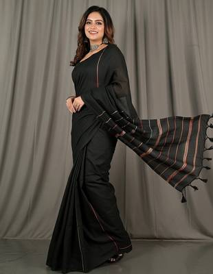 Black fancy cotton handloom saree with blouse piece for women 4