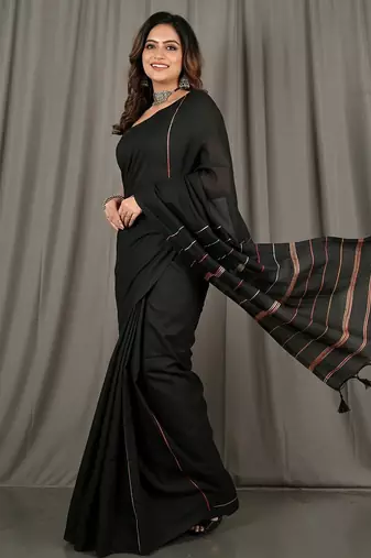 Black fancy cotton handloom saree with blouse piece for women