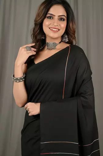 Black fancy cotton handloom saree with blouse piece for women