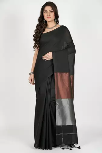 Black fancy cotton handloom saree with blouse piece for women