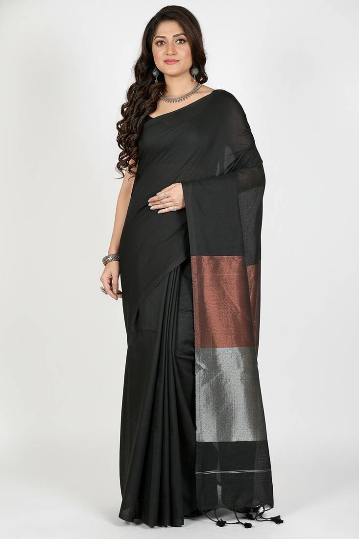 Black fancy cotton handloom saree with blouse piece for women