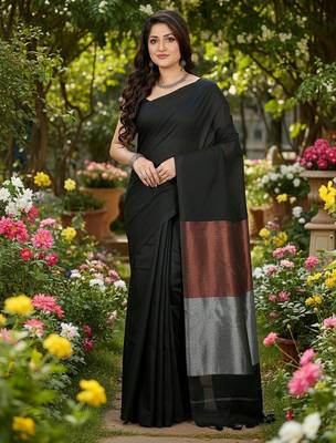 Black fancy cotton handloom saree with blouse piece for women 3
