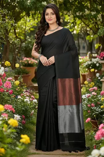 Black fancy cotton handloom saree with blouse piece for women
