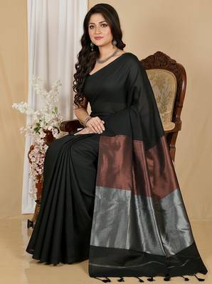 Black fancy cotton handloom saree with blouse piece for women 4