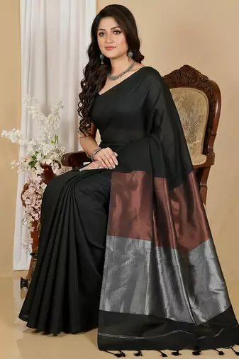 Black fancy cotton handloom saree with blouse piece for women
