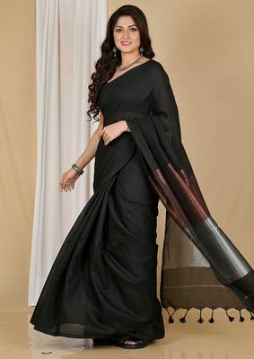 Black fancy cotton handloom saree with blouse piece for women 5