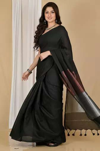 Black fancy cotton handloom saree with blouse piece for women