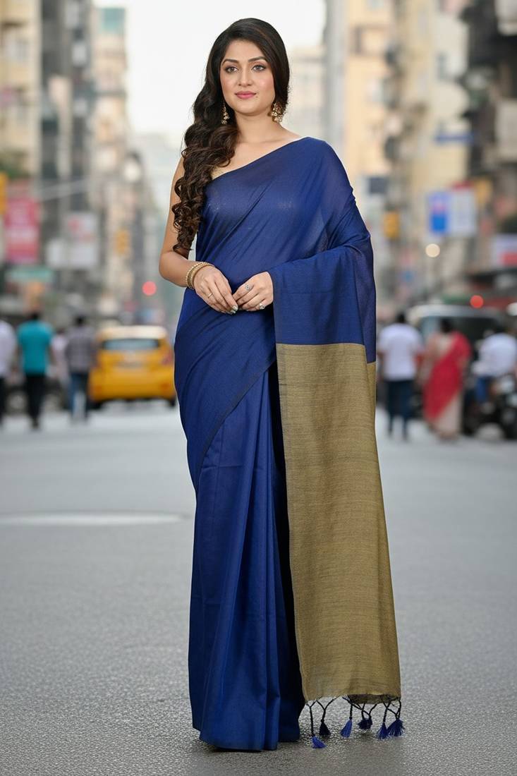 Blue & golden fancy cotton handloom saree with blouse piece for women