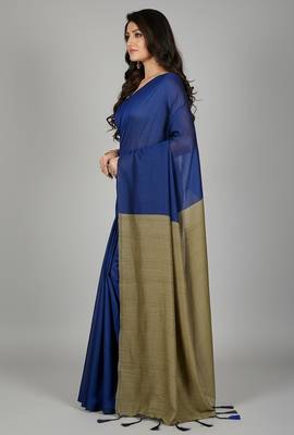 Blue & golden fancy cotton handloom saree with blouse piece for women 2