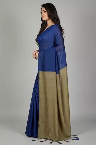 Blue & golden fancy cotton handloom saree with blouse piece for women