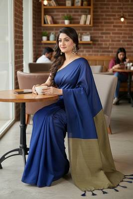 Blue & golden fancy cotton handloom saree with blouse piece for women 3