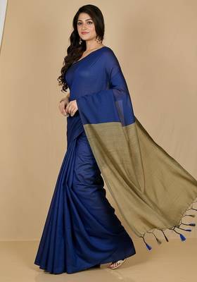 Blue & golden fancy cotton handloom saree with blouse piece for women 4