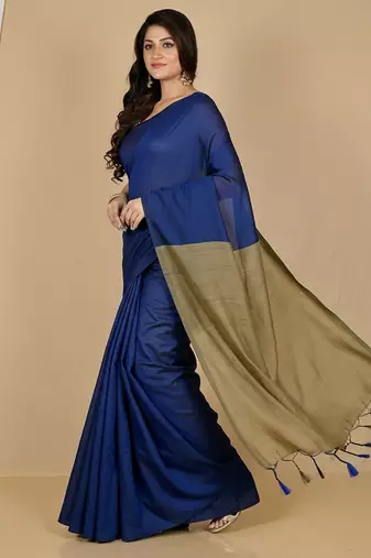 Blue & golden fancy cotton handloom saree with blouse piece for women