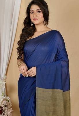 Blue & golden fancy cotton handloom saree with blouse piece for women 5
