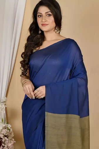 Blue & golden fancy cotton handloom saree with blouse piece for women