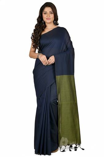 Blue & green fancy cotton handloom saree with blouse piece for women